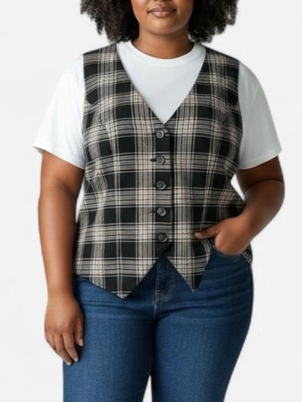 Torrid sz 2 Black Brown Plaid Button Front Lined Sleeveless Vest Plus sz 20-22